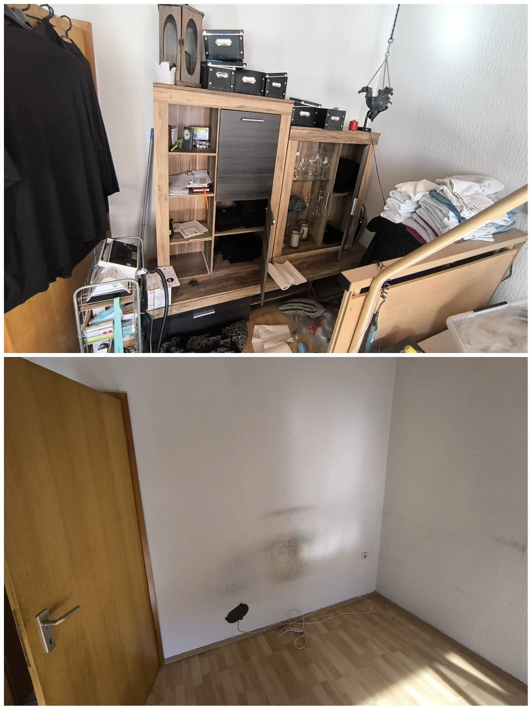 Vorher und nachher: Zimmer mit Schrank vor und nach der Räumung