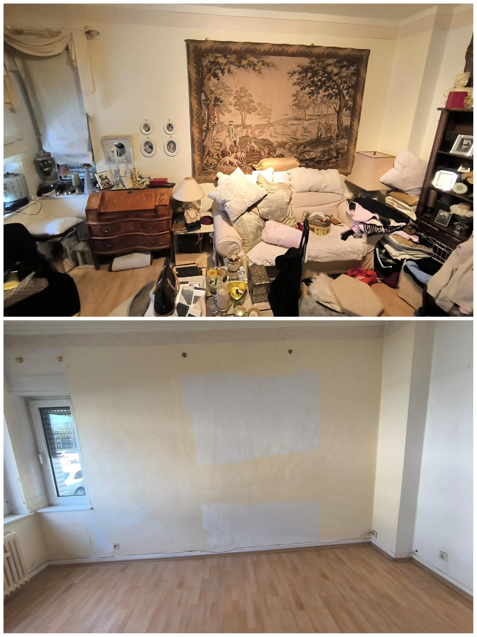 Vorher und nachher: Wohnzimmer mit Wandteppich vor und nach der Haushaltsauflösung