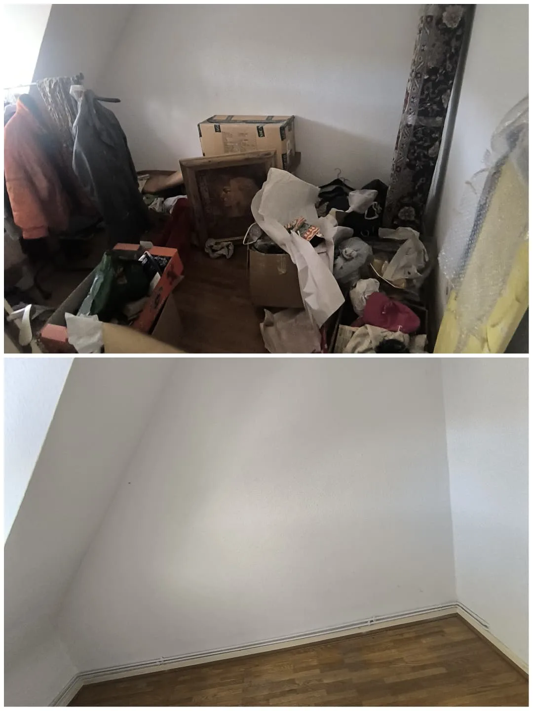 Vorher und nachher: Abstellzimmer unter dem Dach vor und nach der Entrümpelung