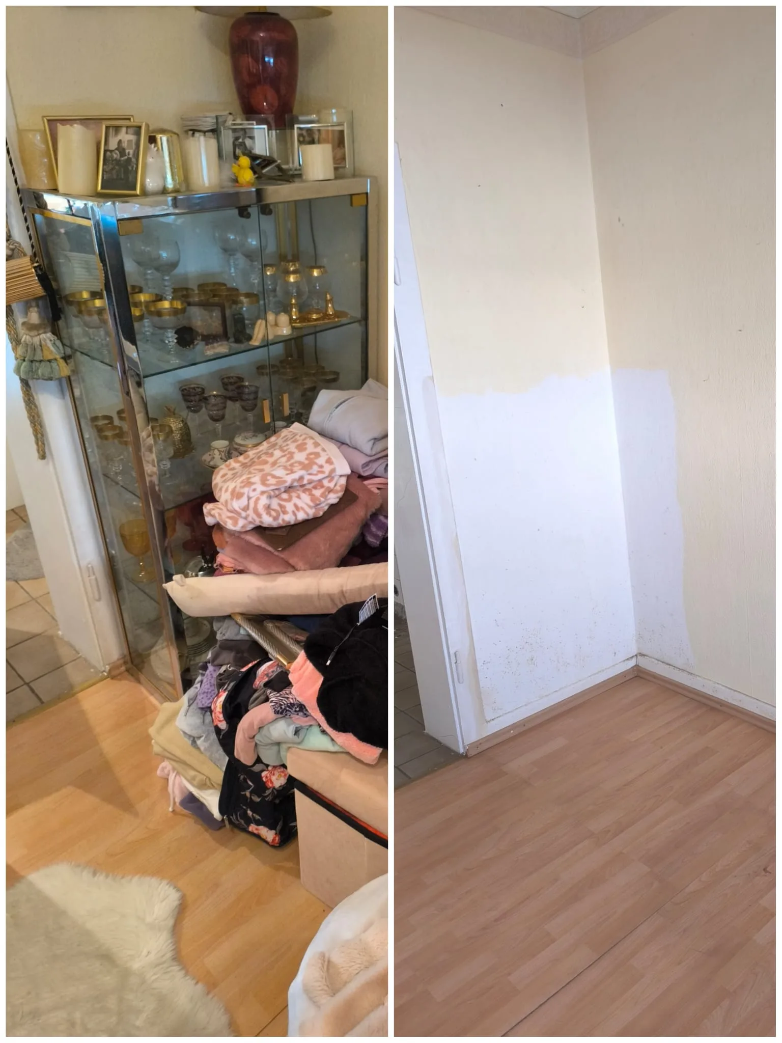 Vorher und nachher: Vitrine und Kleiderstapel vor und nach der Räumung
