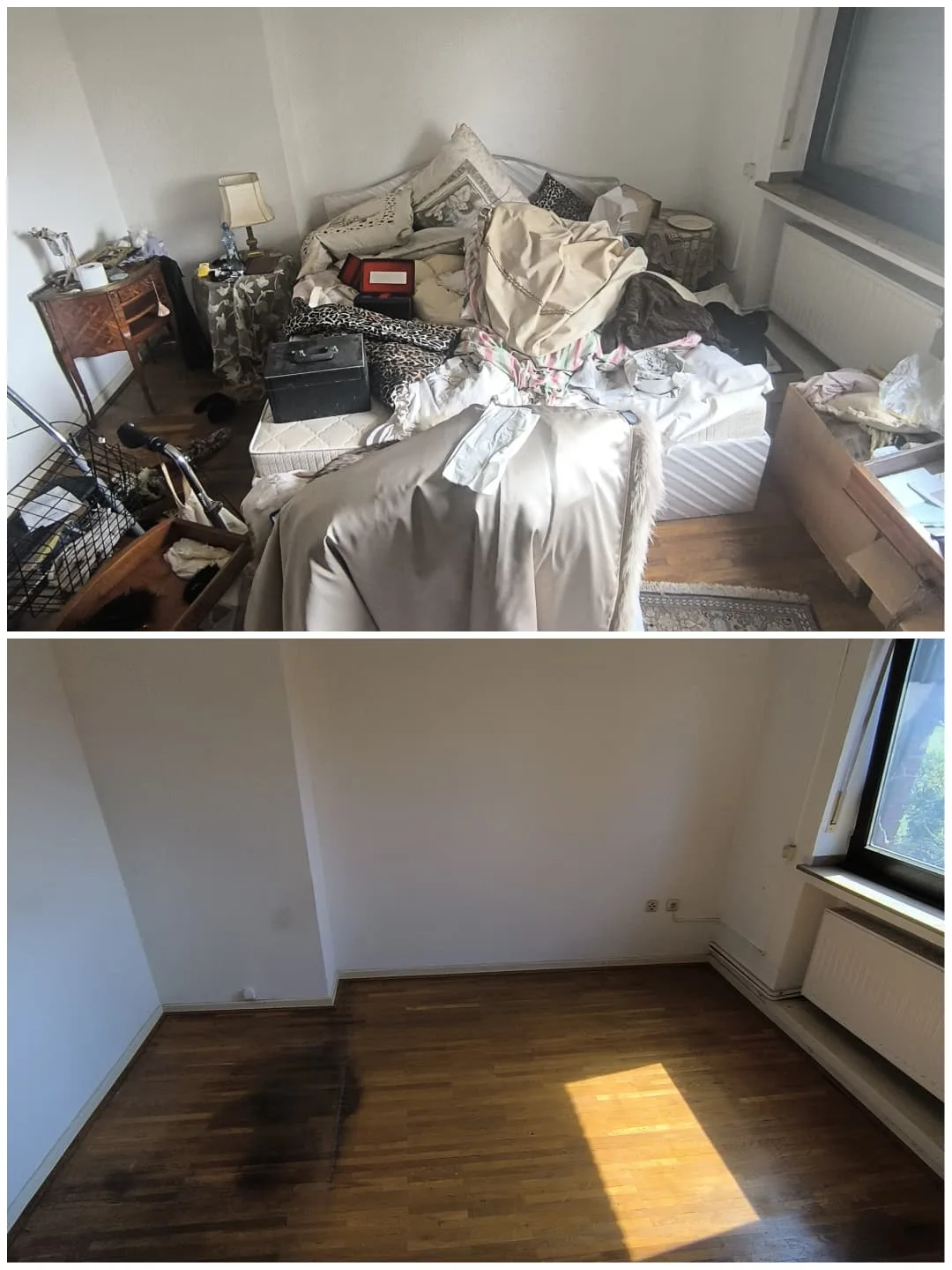 Vorher und nachher: vollgestelltes Zimmer und leerer Raum mit Parkett nach der Räumung