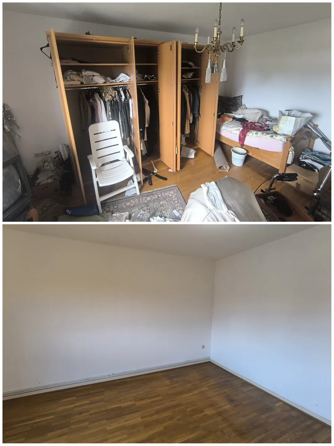 Vorher und nachher: Schlafzimmer mit Kleiderschrank vor und nach der Haushaltsauflösung